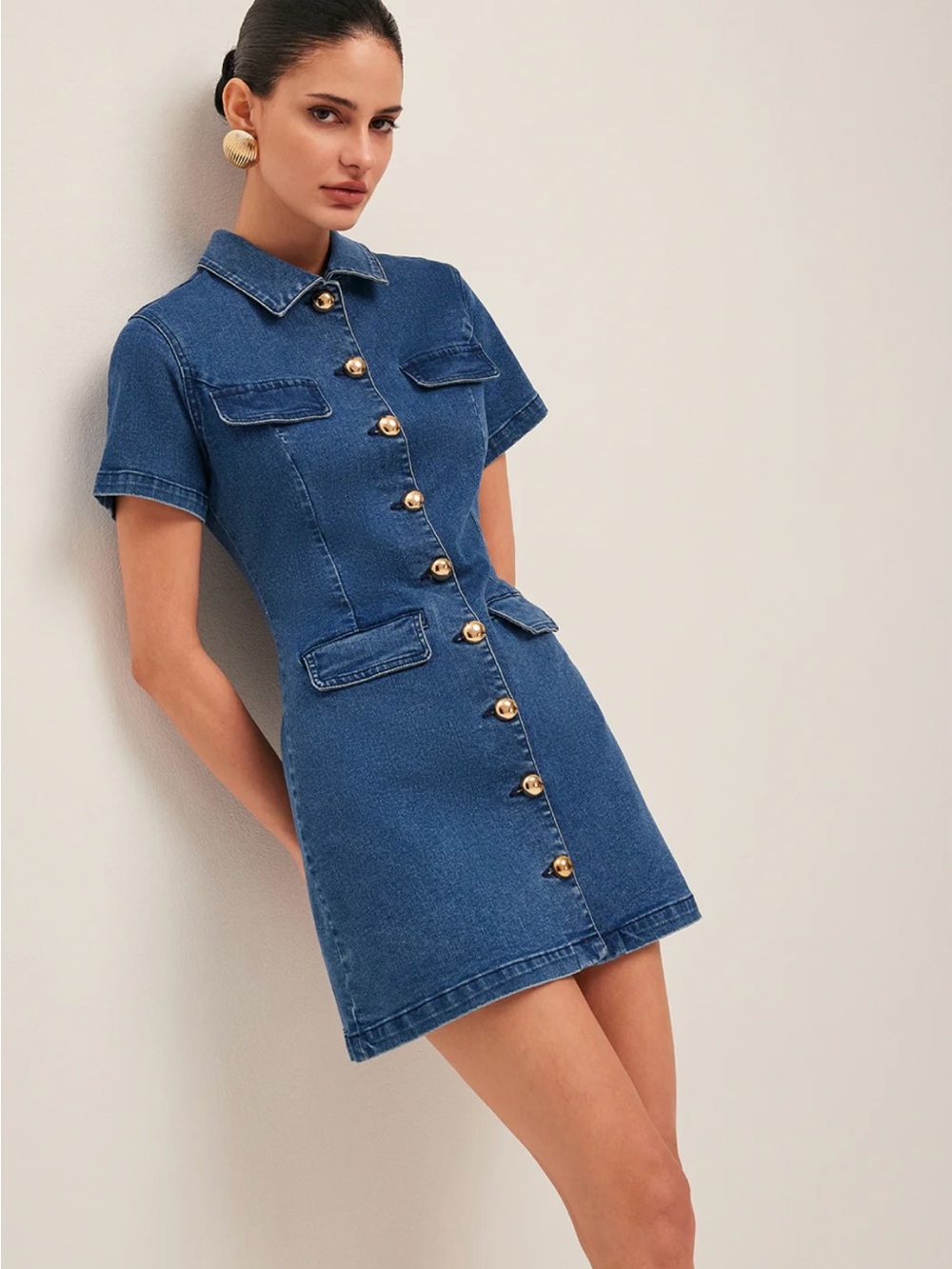 Commense Button-Front Denim Mini Dress - Blue - Picture 2 of 9